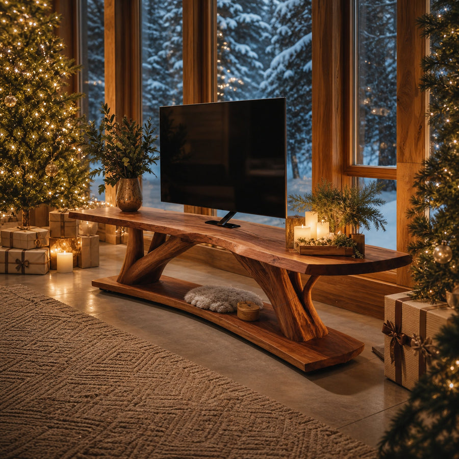 Mid Century Wooden Live Edge TV Console For Festive Bedroom