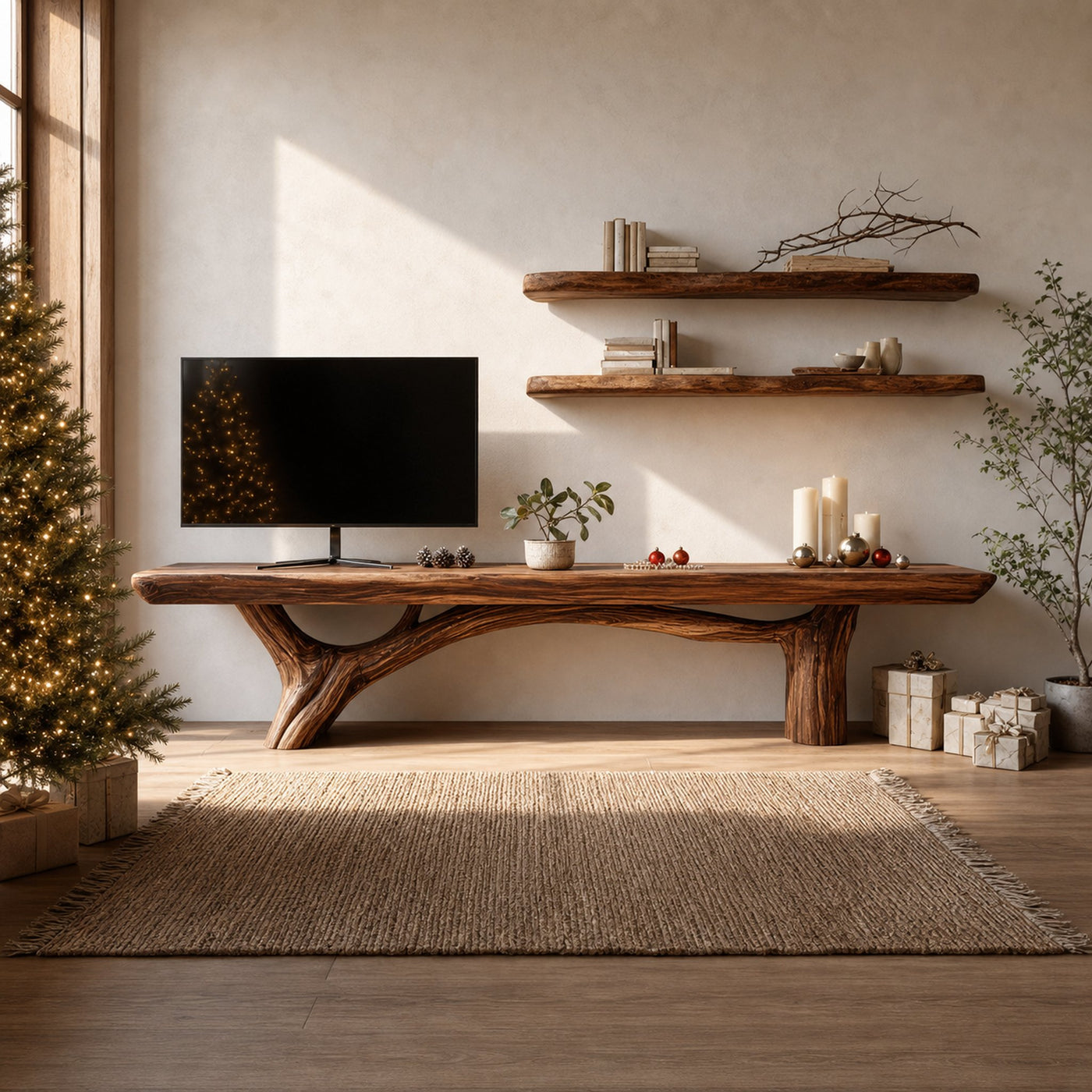 Mid Century Wooden Live Edge TV Console For Holiday Entryway Design