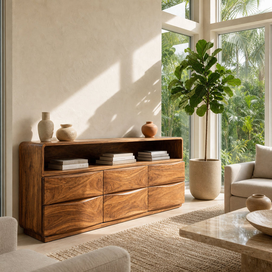 Mid Century Wooden Sideboard With Drawers For Living Room