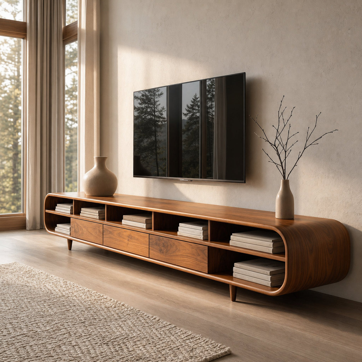 Mid Century Wooden TV Cabinet With Multiple Compartments For Living