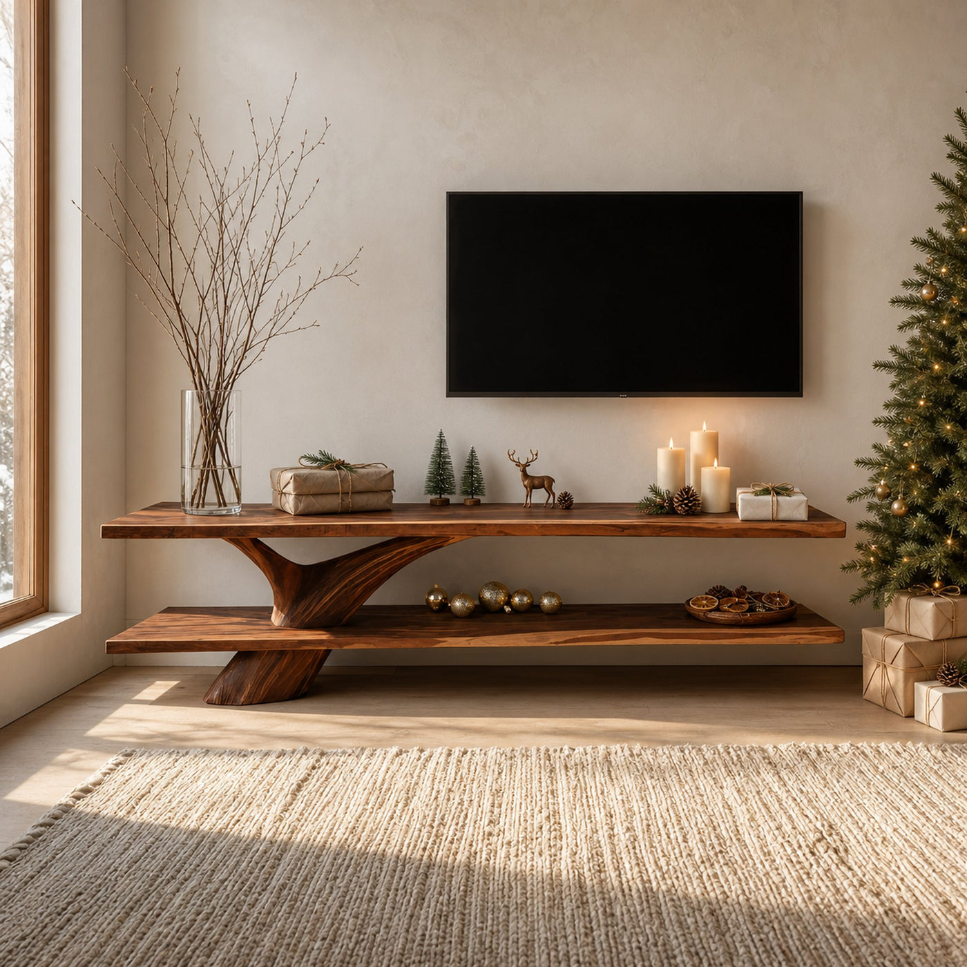 Mid Century Wooden TV Console For Christmas Tree Living Room Decor