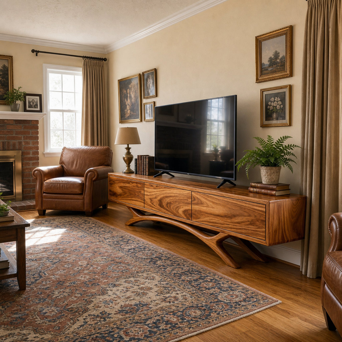 Mid Century Wooden TV Stand With Curved Base For Home - product view 6