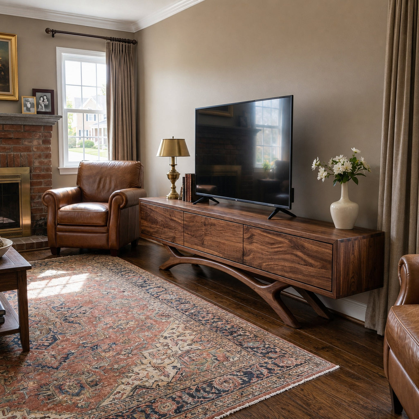 Mid Century Wooden TV Stand With Curved Base For Home - product view 7