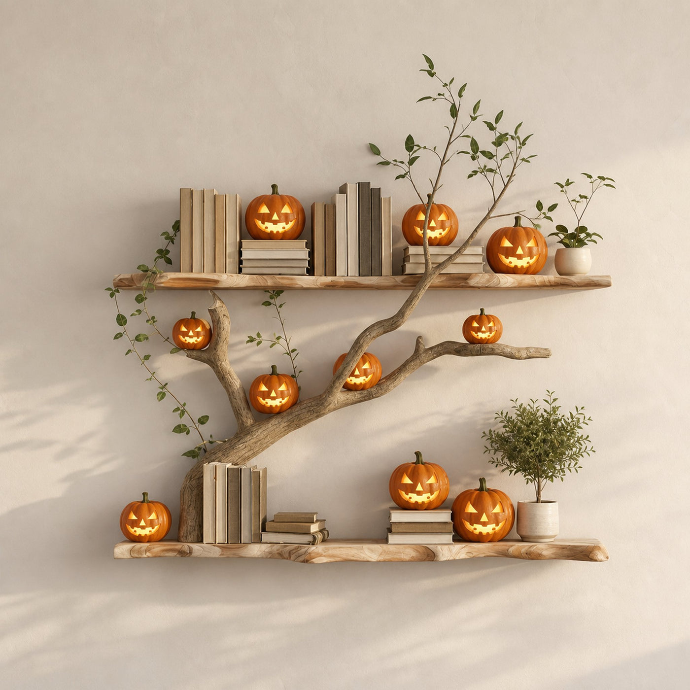 Mid Century Wooden Wall Bookshelf With Tree Branch Design Halloween Style