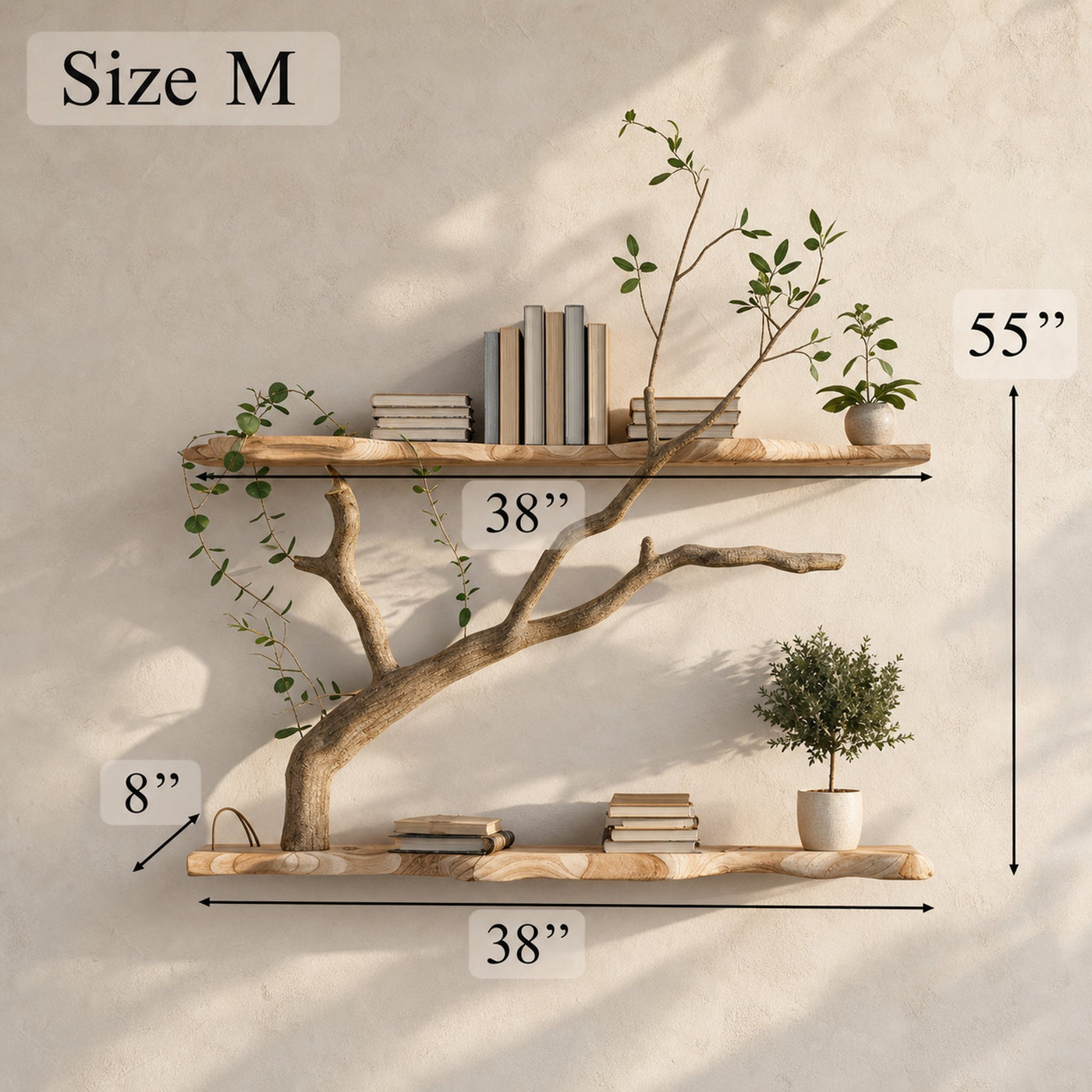 Mid Century Wooden Wall Bookshelf With Tree Branch Design Halloween Style - product view 6