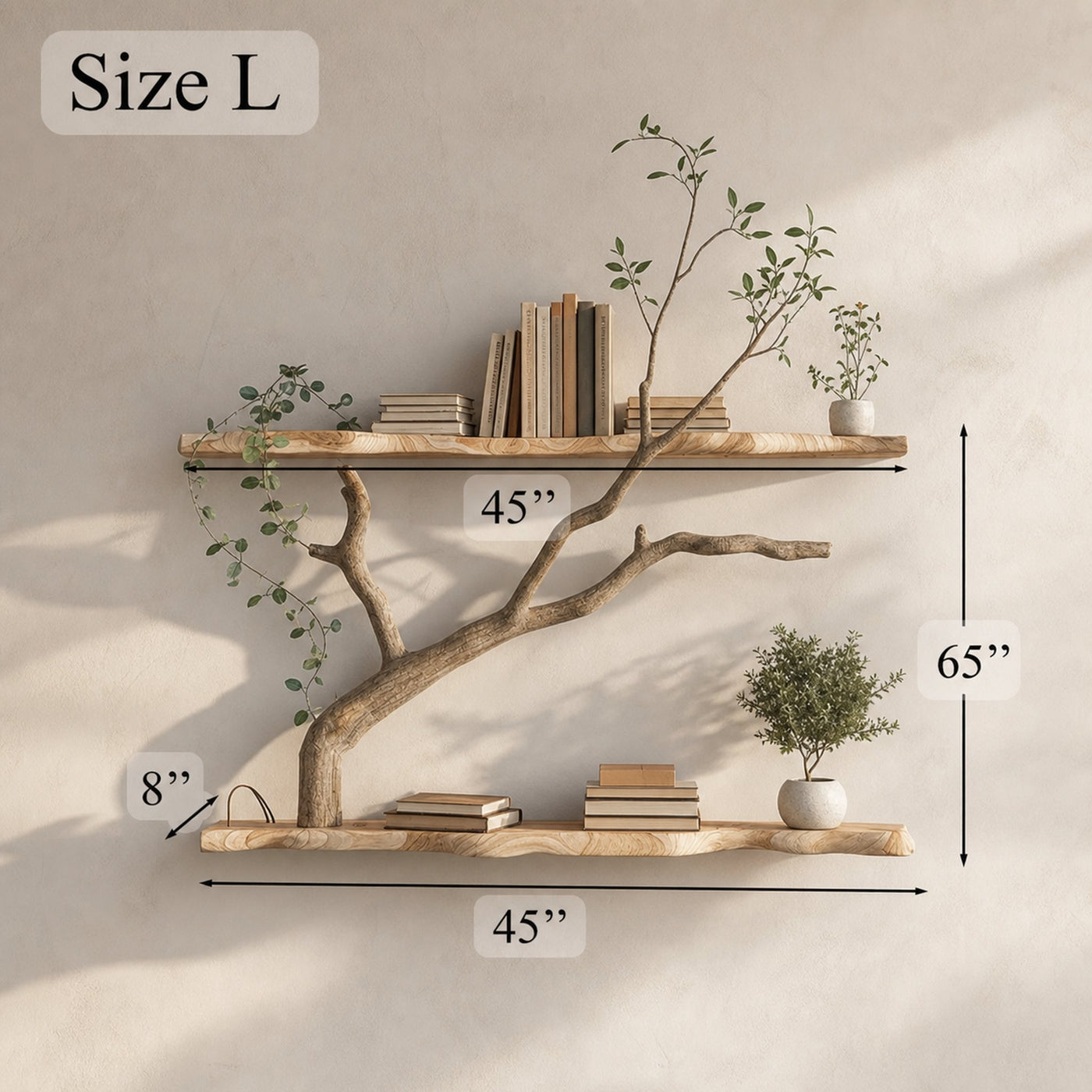 Mid Century Wooden Wall Bookshelf With Tree Branch Design Halloween Style - product view 7