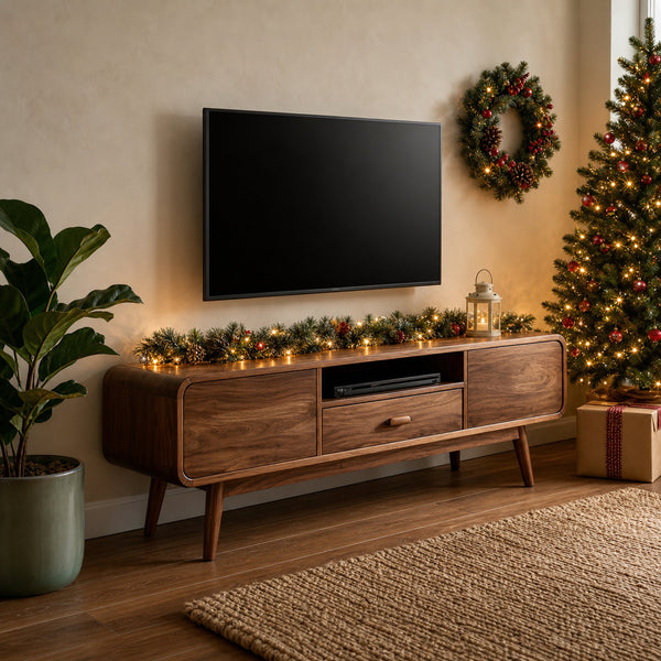 Mid-Century TV Console With Rounded Edge For Holiday Decor