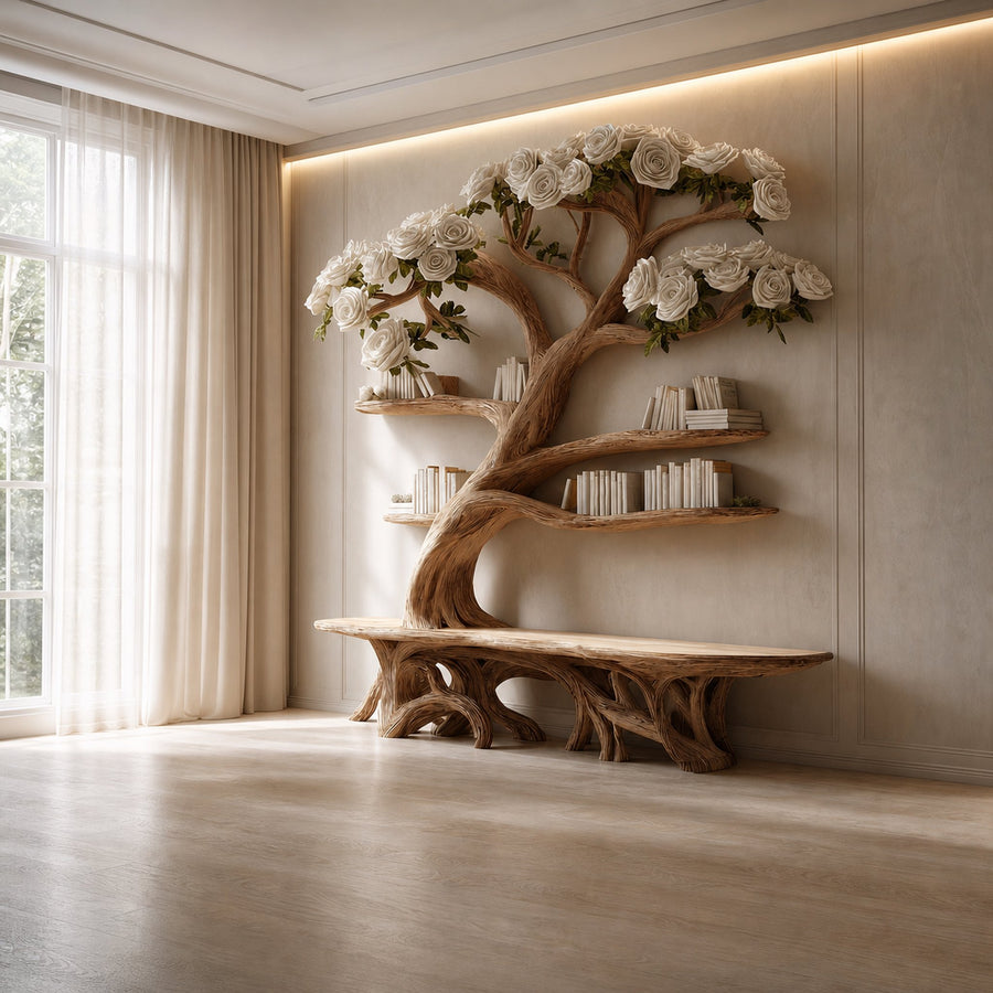 Midcentury Tree Bench Bookshelf Living Decor