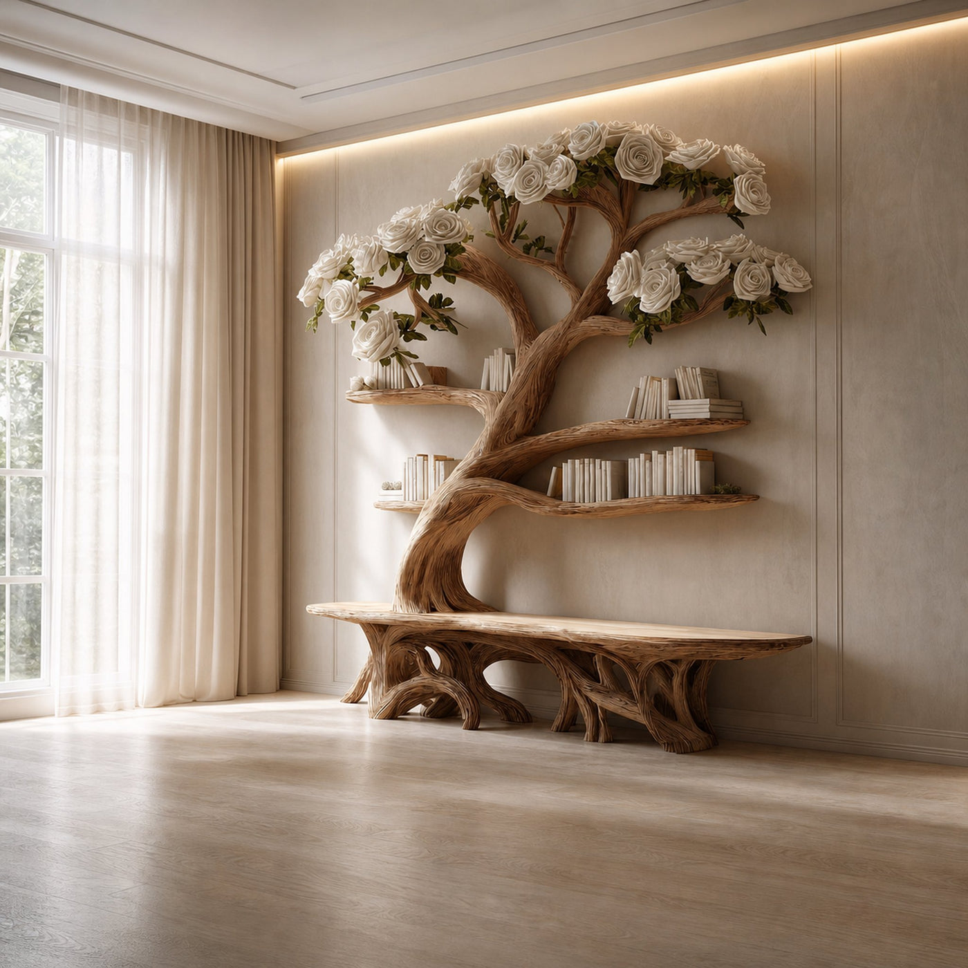 Midcentury Tree Bench Bookshelf Living Decor