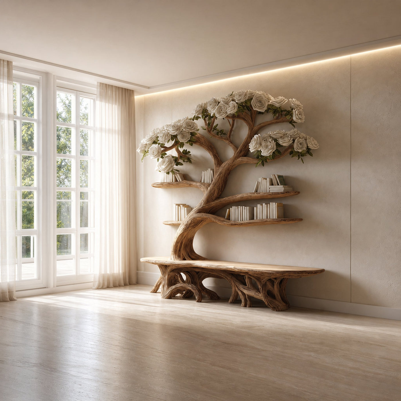 Midcentury Tree Bench Bookshelf Living Decor - product view 2