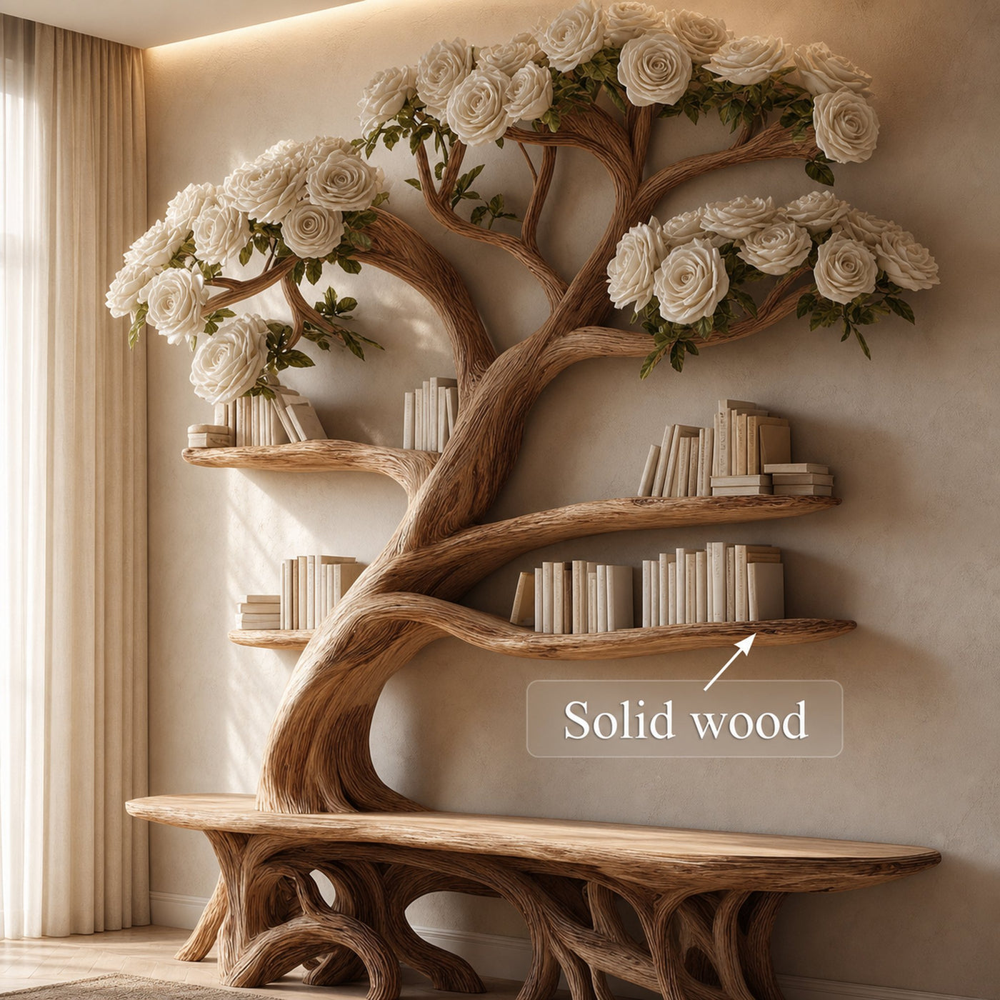 Midcentury Tree Bench Bookshelf Living Decor - product view 3