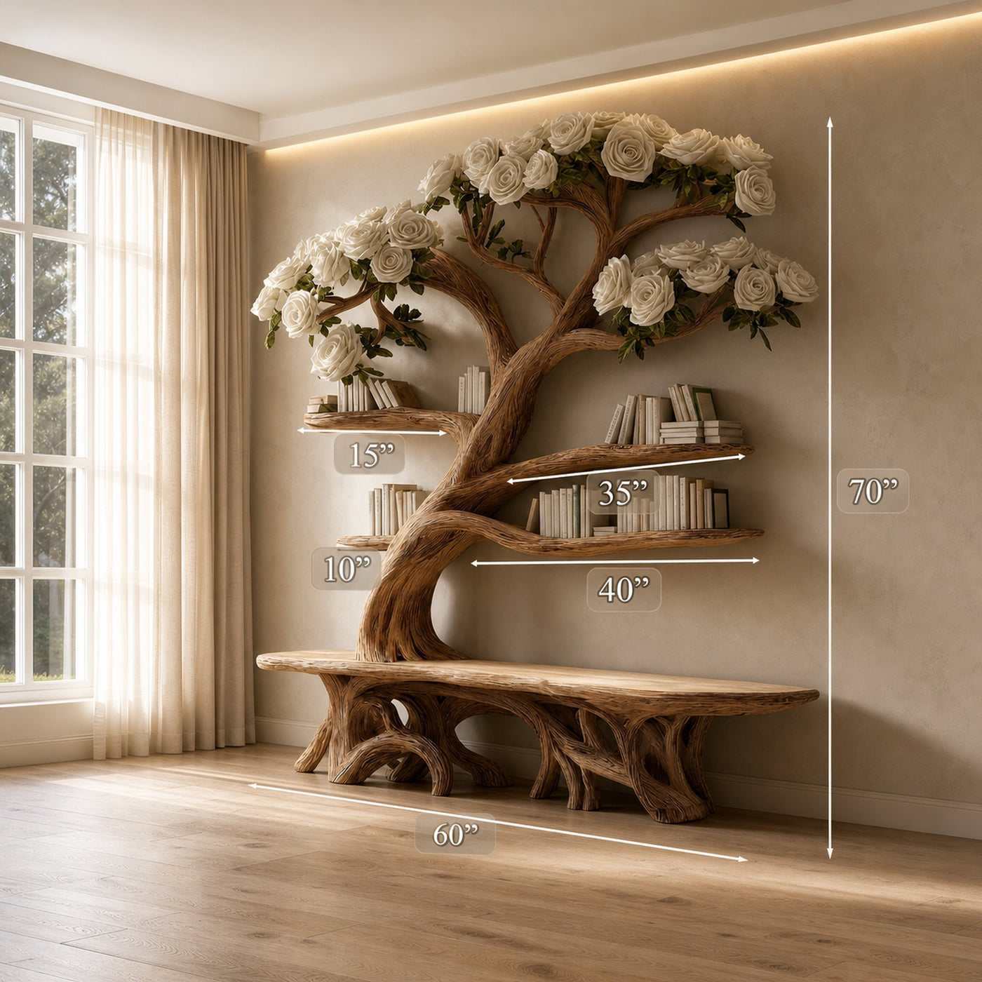 Midcentury Tree Bench Bookshelf Living Decor - product view 5
