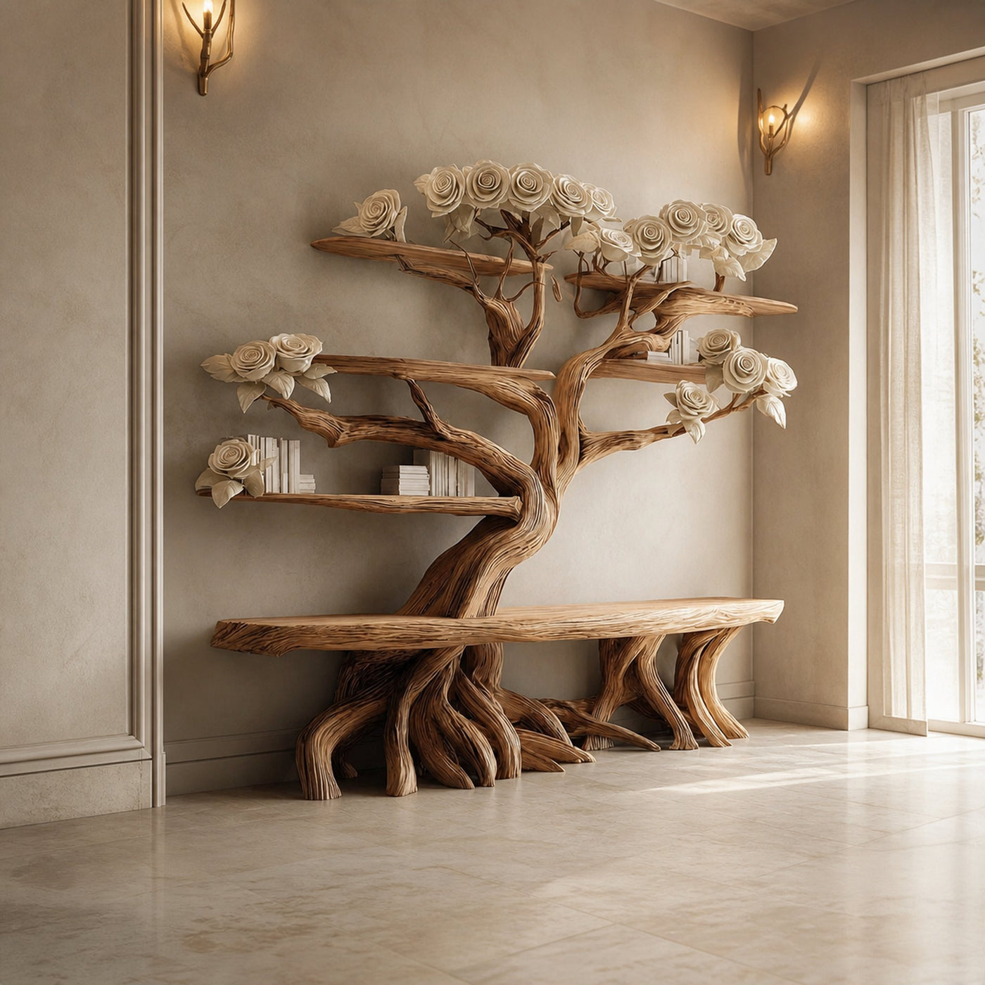 Midcentury Tree Bench Bookshelf Living Room