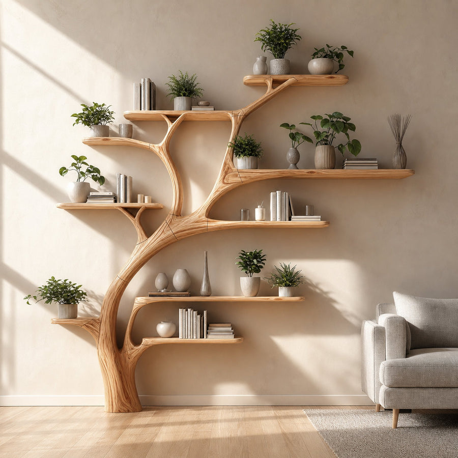 Midcentury Tree Bookshelf Bedroom Entry