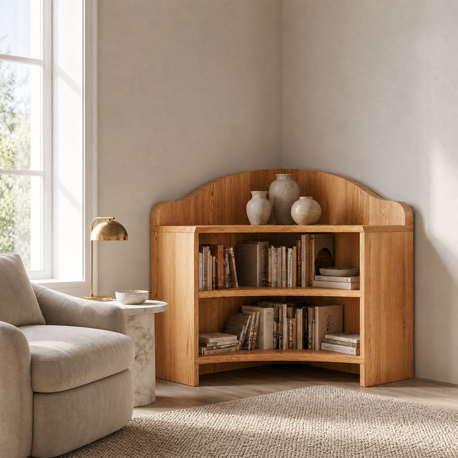 Minimal Corner Bookshelf With Clean Wooden Structure For Living Room