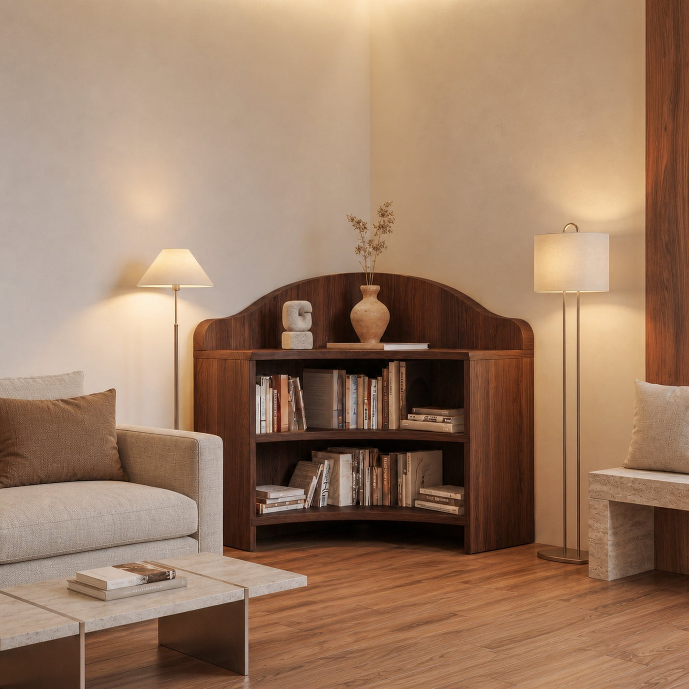 Minimal Corner Bookshelf With Clean Wooden Structure For Living Room - product view 7
