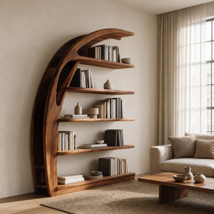 Minimal Curved Wooden Bookshelf For Living Room Display