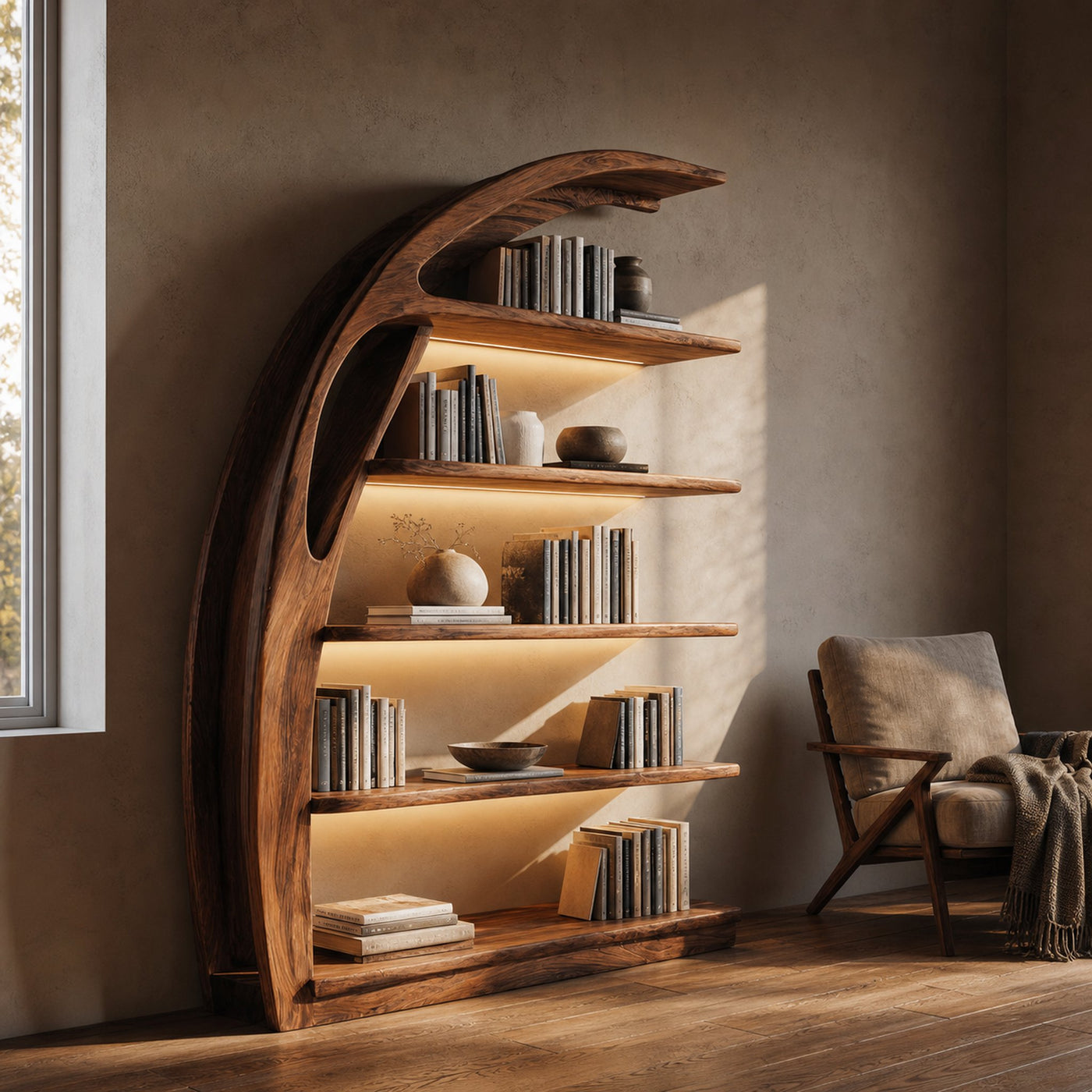 Minimal Curved Wooden Bookshelf For Living Room Display - product view 6
