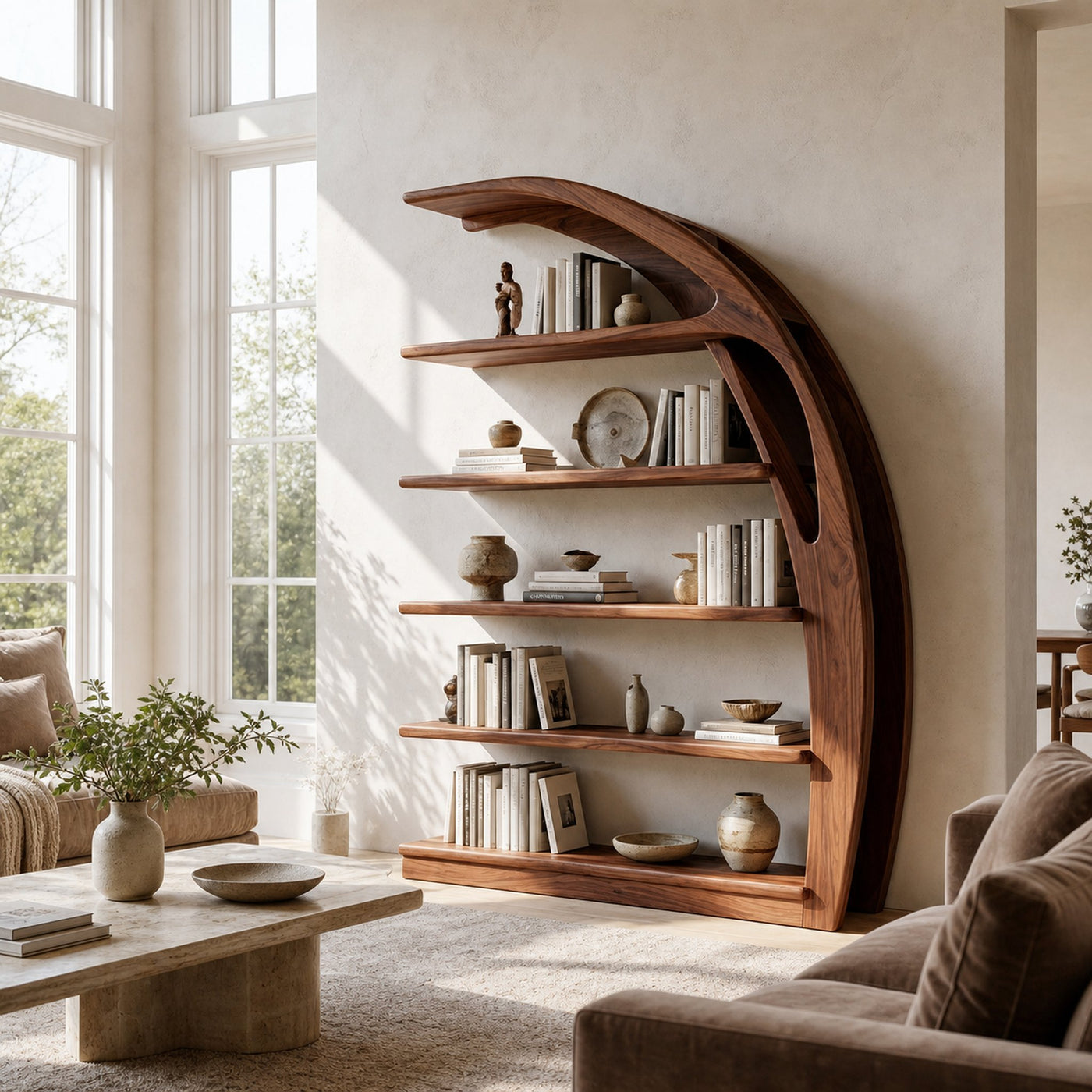 Minimal Curved Wooden Bookshelf For Living Room Display - product view 7