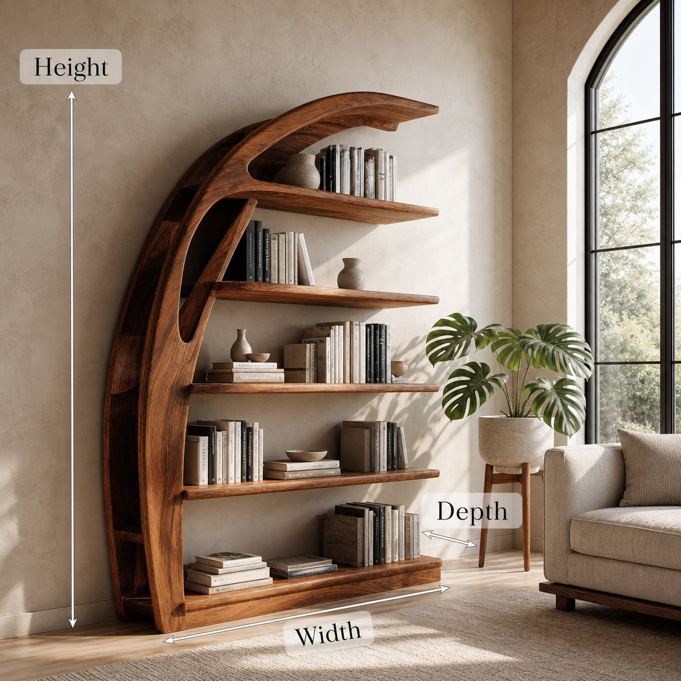 Minimal Curved Wooden Bookshelf For Living Room Display - product view 8