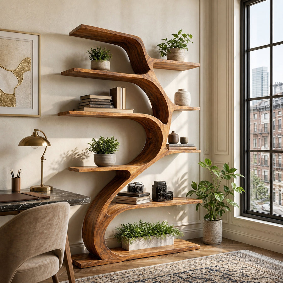 Minimal Natural Wood Bookshelf Branch Design For Interior Space