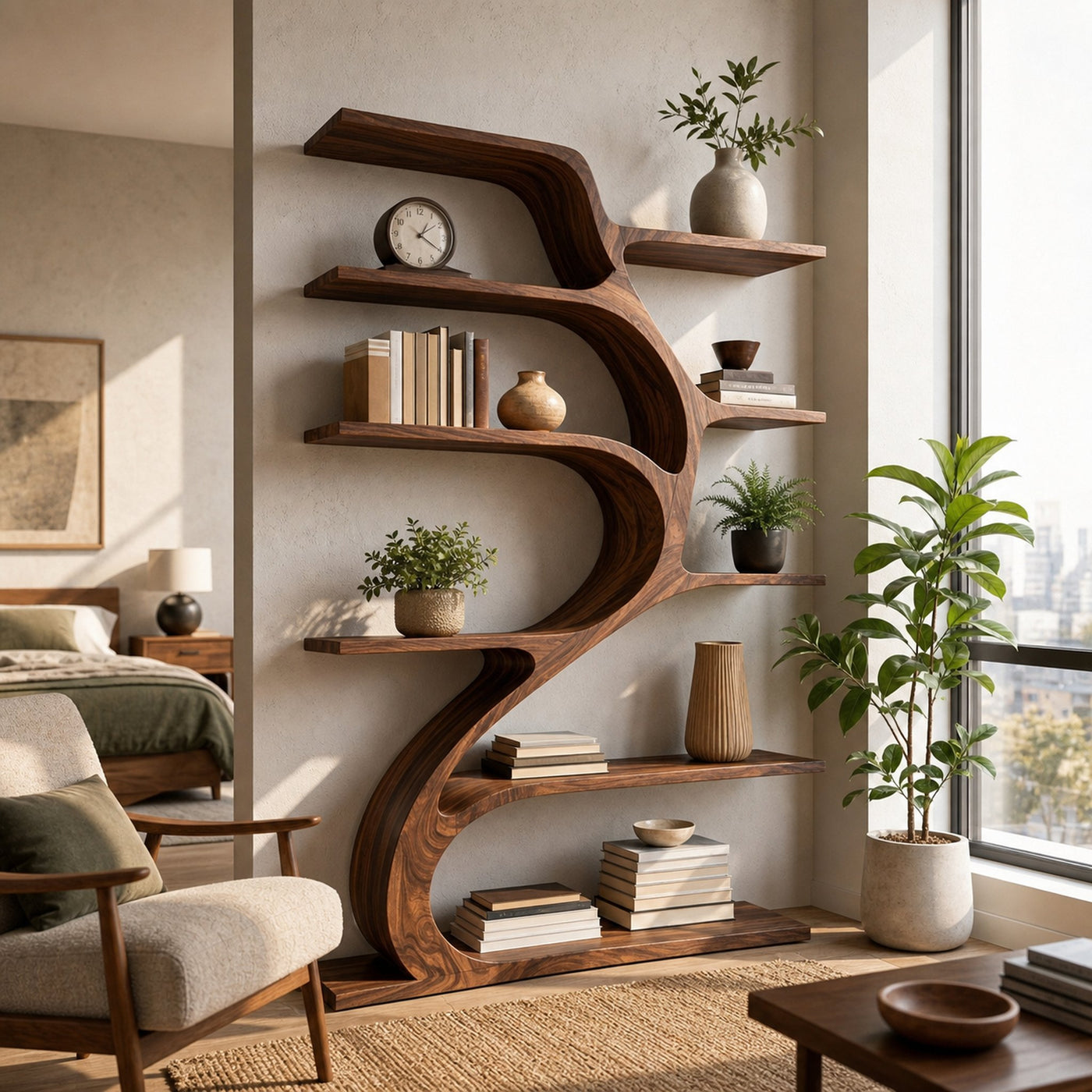 Minimal Natural Wood Bookshelf Branch Design For Interior Space - product view 7
