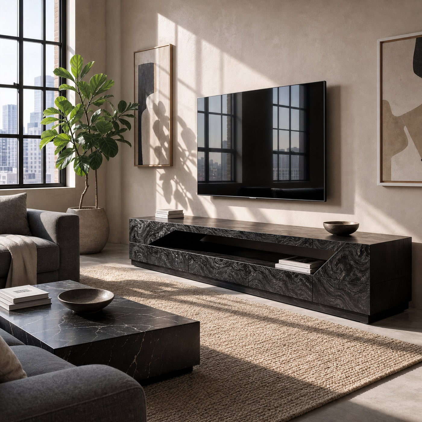 Minimal TV Console With Natural Wood Grain Design For Living Room