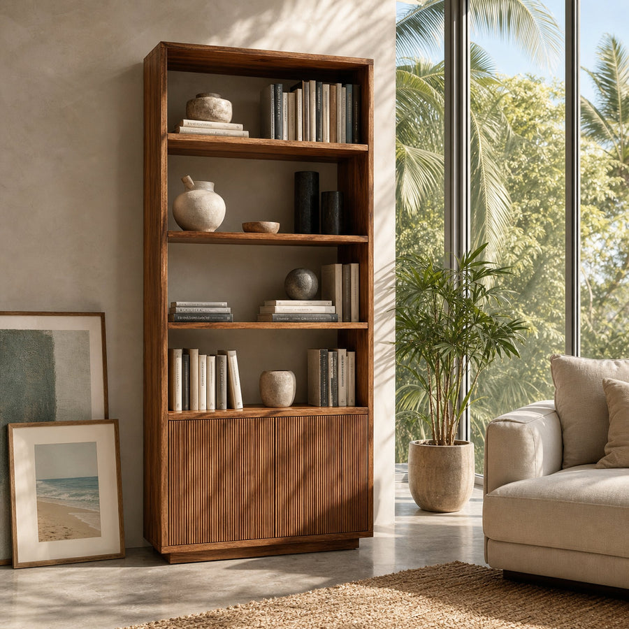 Minimal Wooden Bookcase For Coastal Living Room