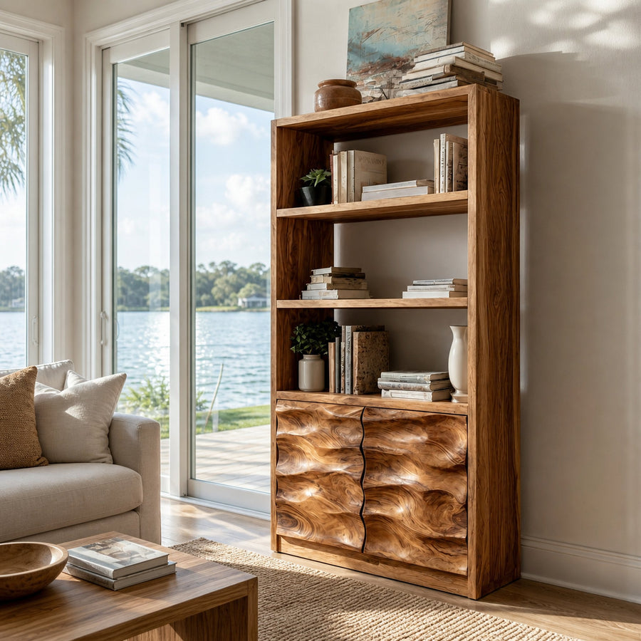 Minimal Wooden Bookshelf With Wavy Drawer Front For Home