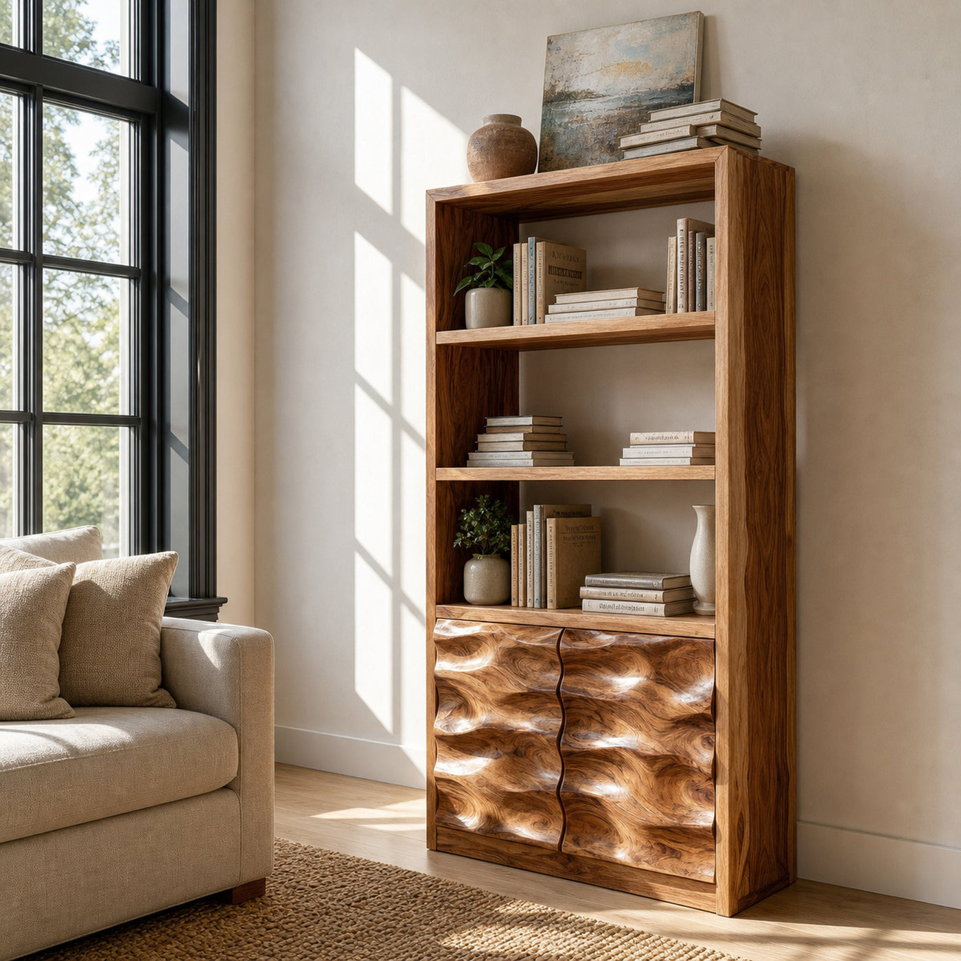Minimal Wooden Bookshelf With Wavy Drawer Front For Home - product view 6