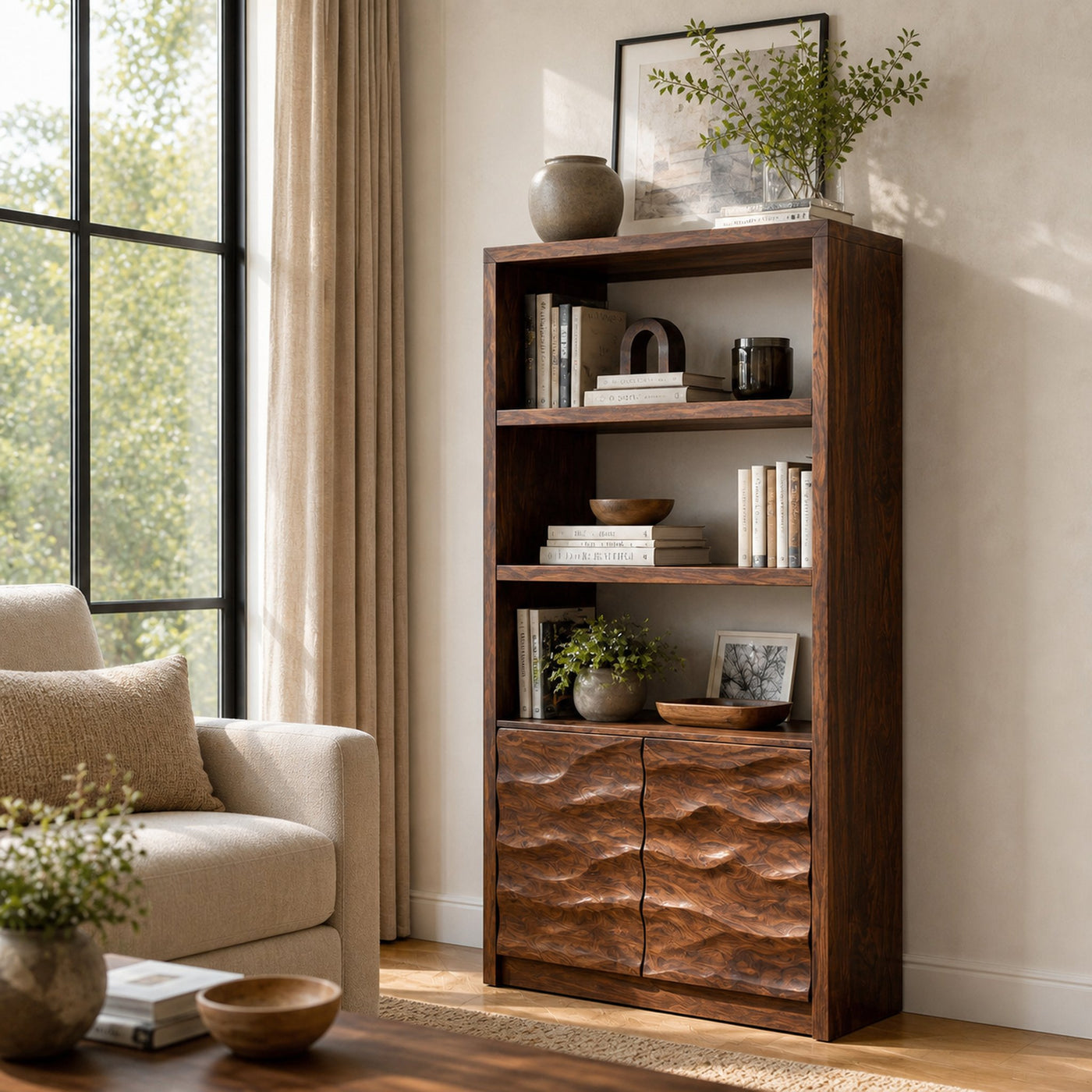 Minimal Wooden Bookshelf With Wavy Drawer Front For Home - product view 7