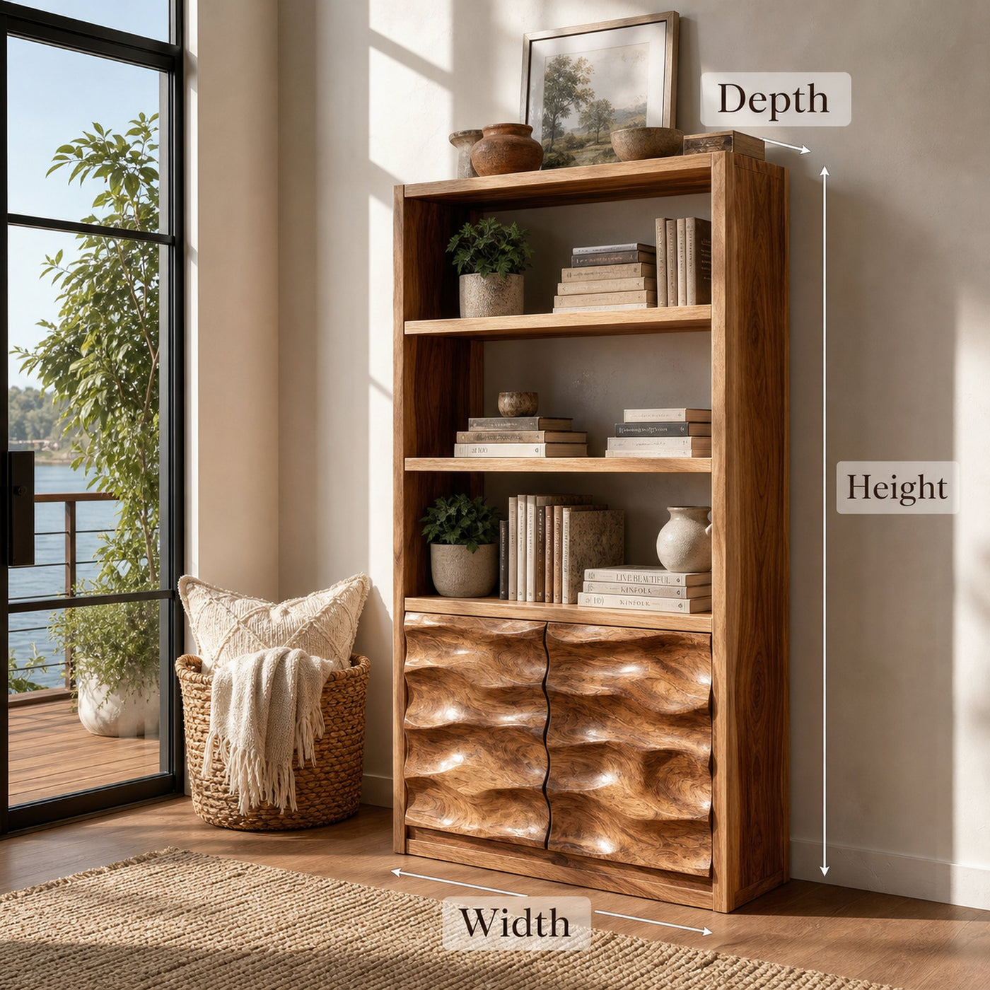 Minimal Wooden Bookshelf With Wavy Drawer Front For Home - product view 8