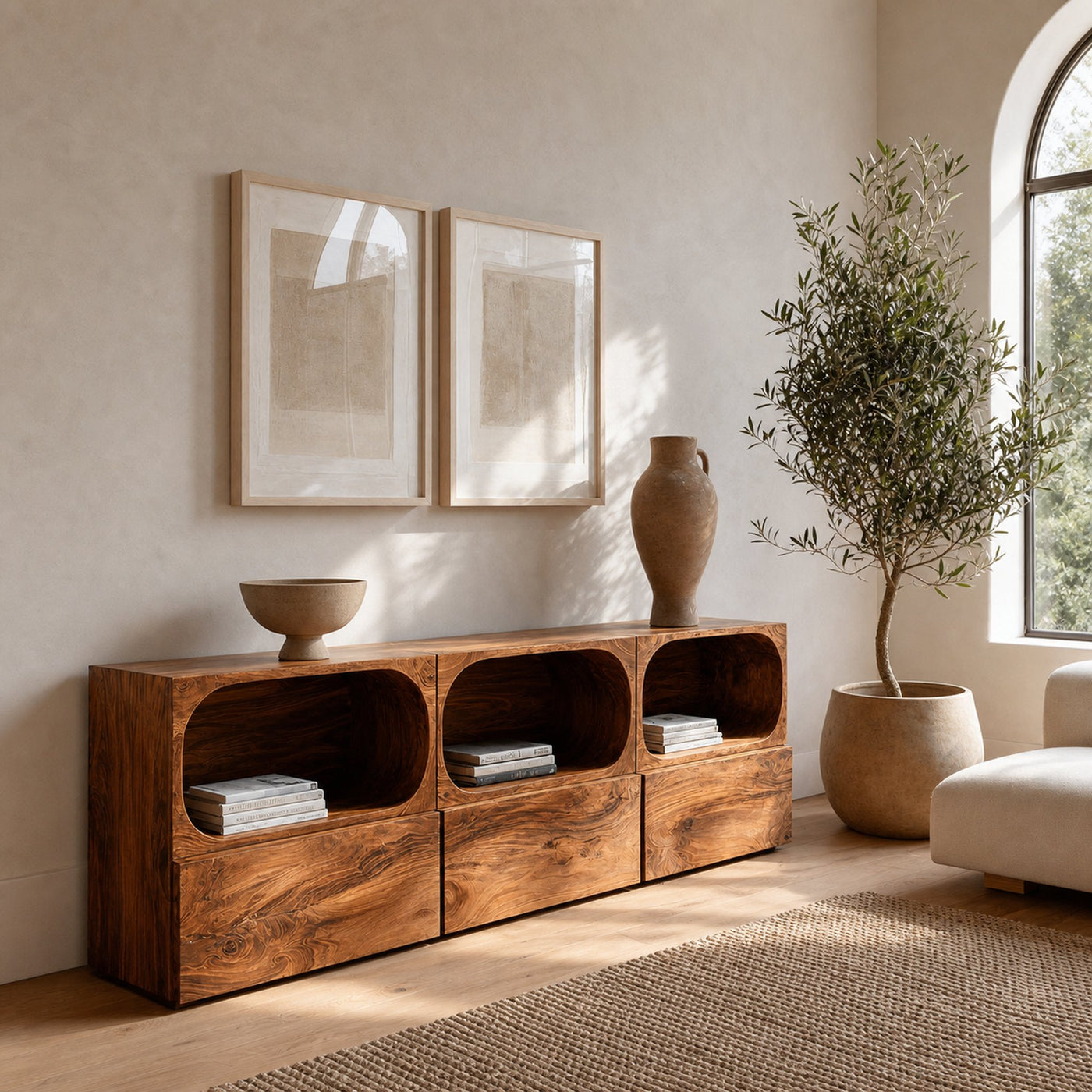 Minimal Wooden Sideboard With Rounded Edge Shelf For Living