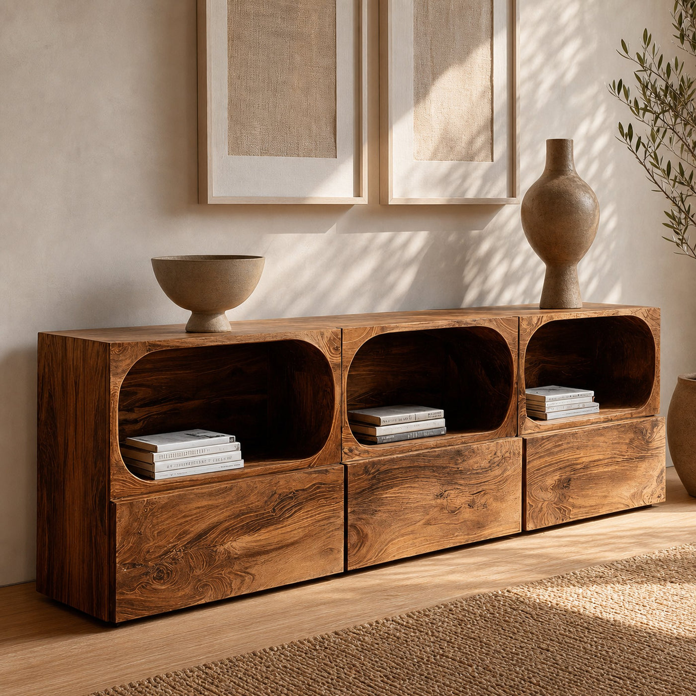 Minimal Wooden Sideboard With Rounded Edge Shelf For Living - product view 2