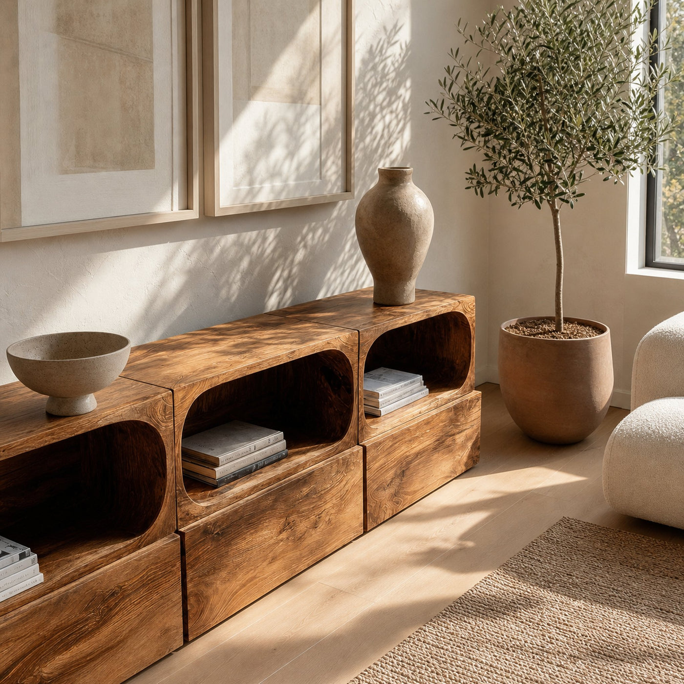 Minimal Wooden Sideboard With Rounded Edge Shelf For Living - product view 3