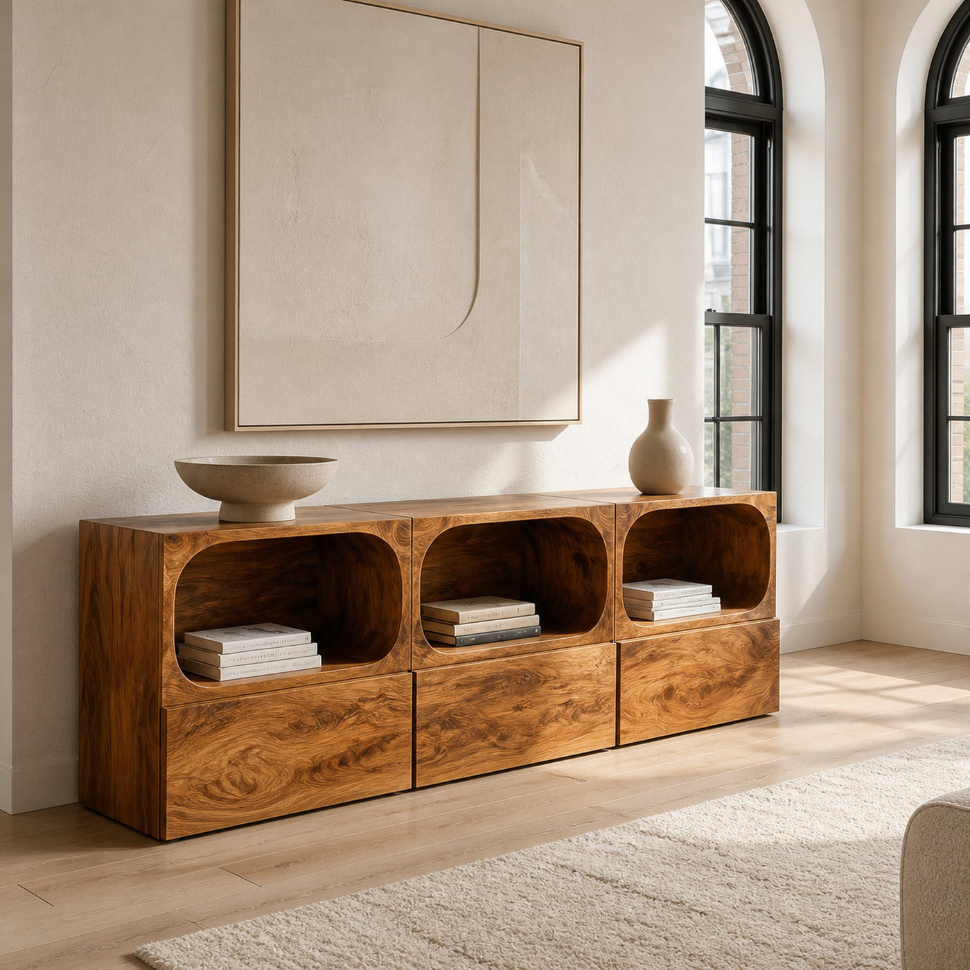 Minimal Wooden Sideboard With Rounded Edge Shelf For Living - product view 5