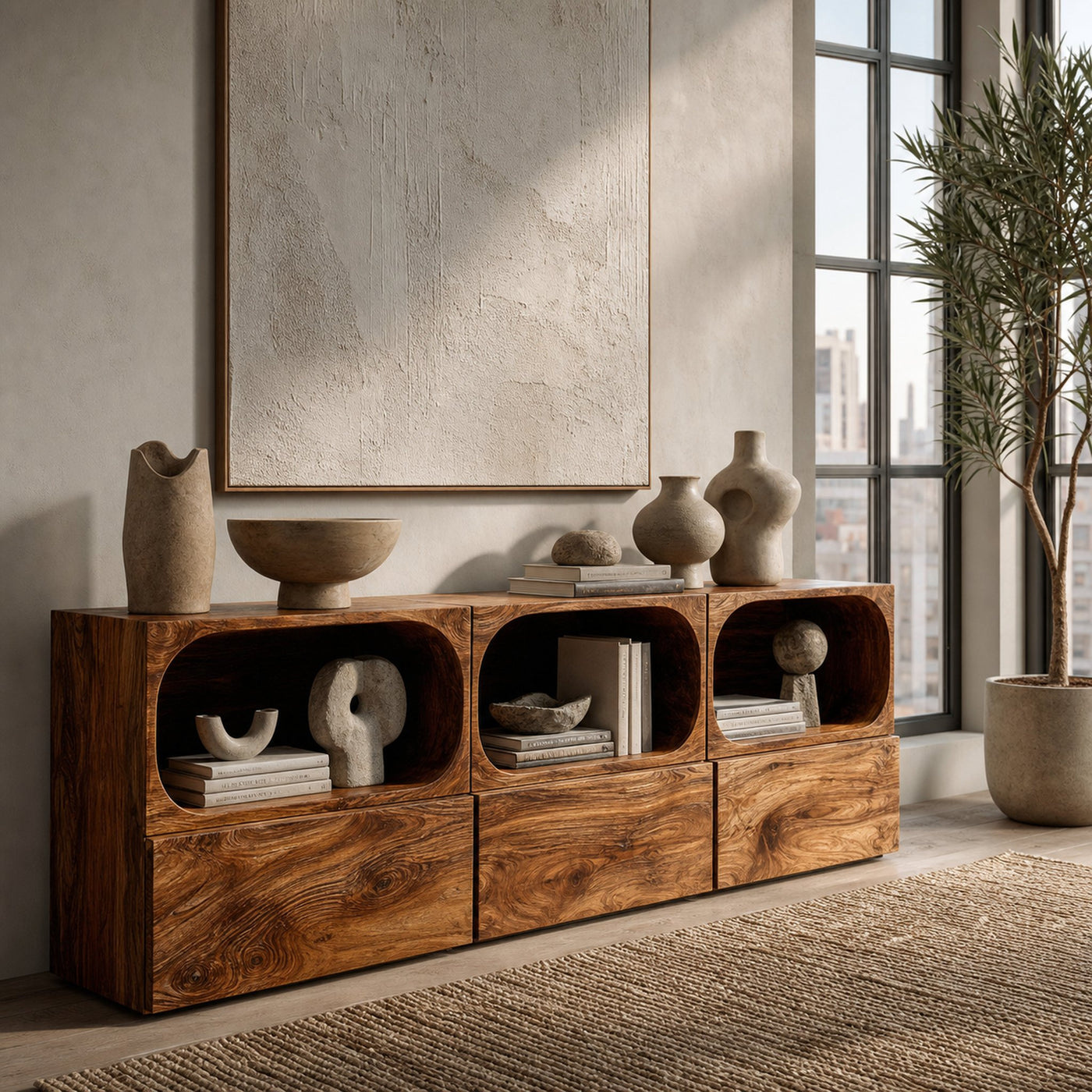 Minimal Wooden Sideboard With Rounded Edge Shelf For Living - product view 6
