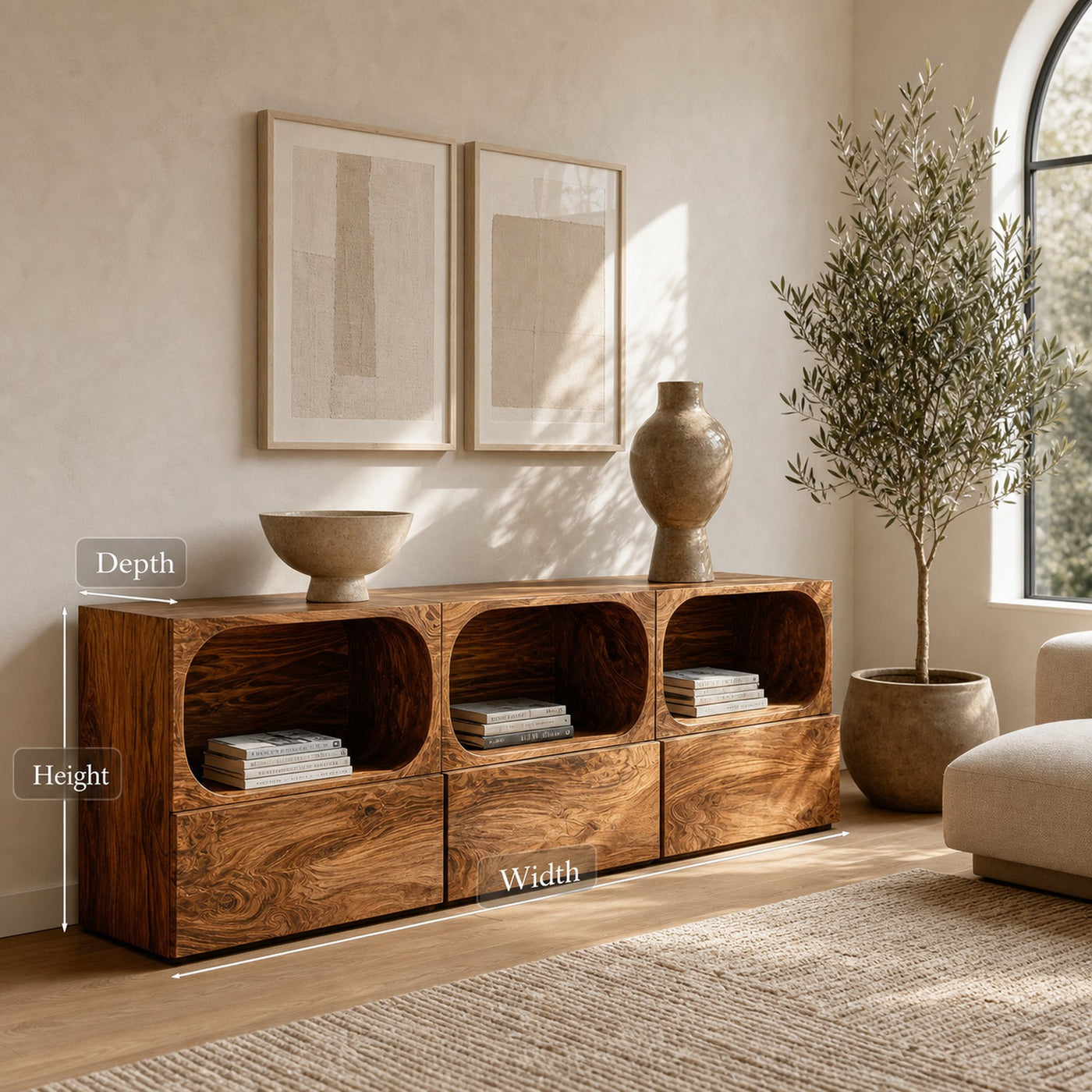 Minimal Wooden Sideboard With Rounded Edge Shelf For Living - product view 7