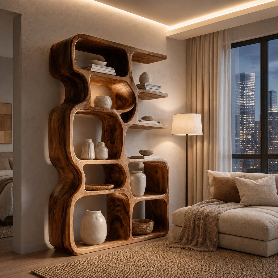 Minimalist Artistic Natural Wood Bookshelf For Living Room