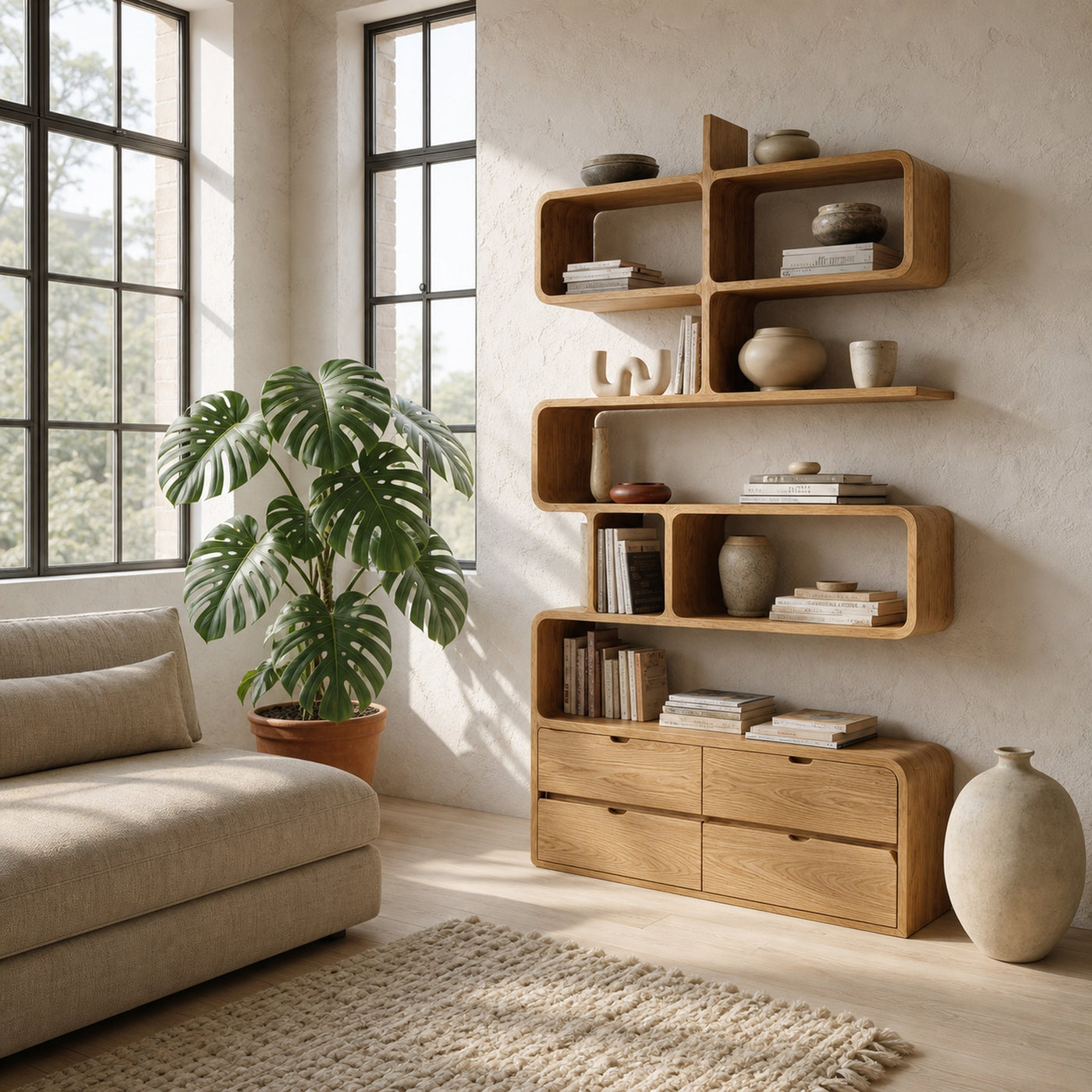 Minimalist Bookshelf With Curved Lines And Storage For Living