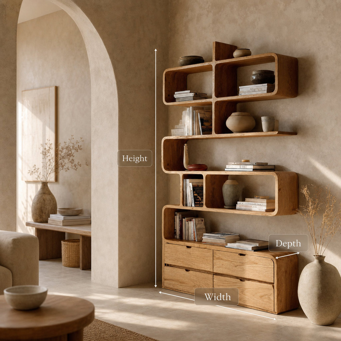 Minimalist Bookshelf With Curved Lines And Storage For Living - product view 6