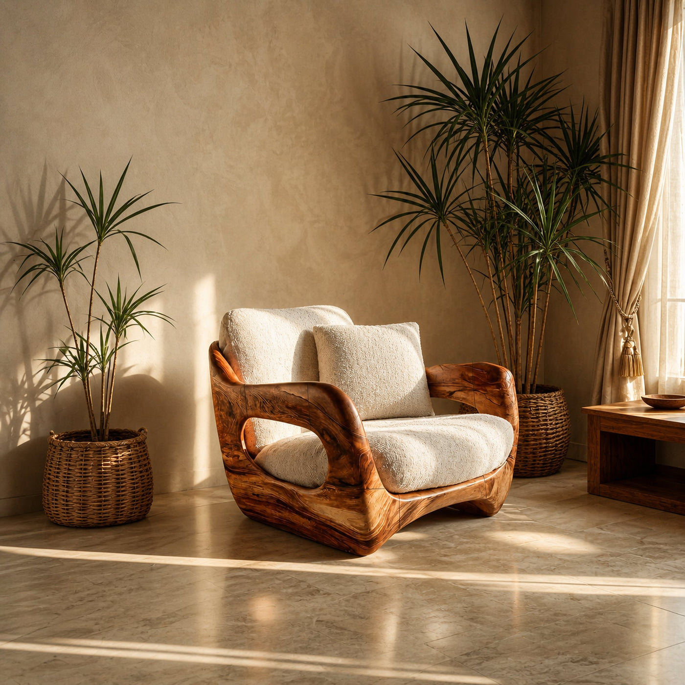 Minimalist Handcrafted Accent Chair Carved Body For Living Room