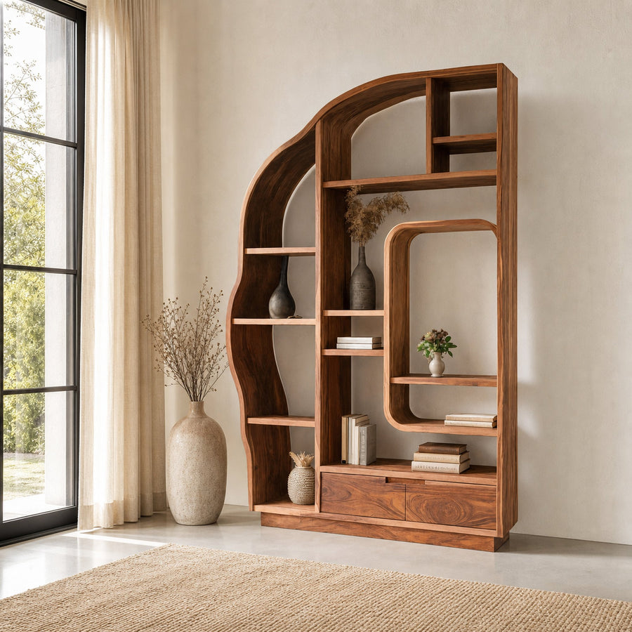 Minimalist Organic Bookshelf With Drawers For Home Decor