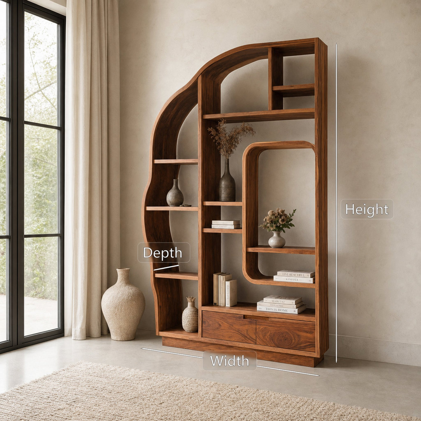 Minimalist Organic Bookshelf With Drawers For Home Decor - product view 6