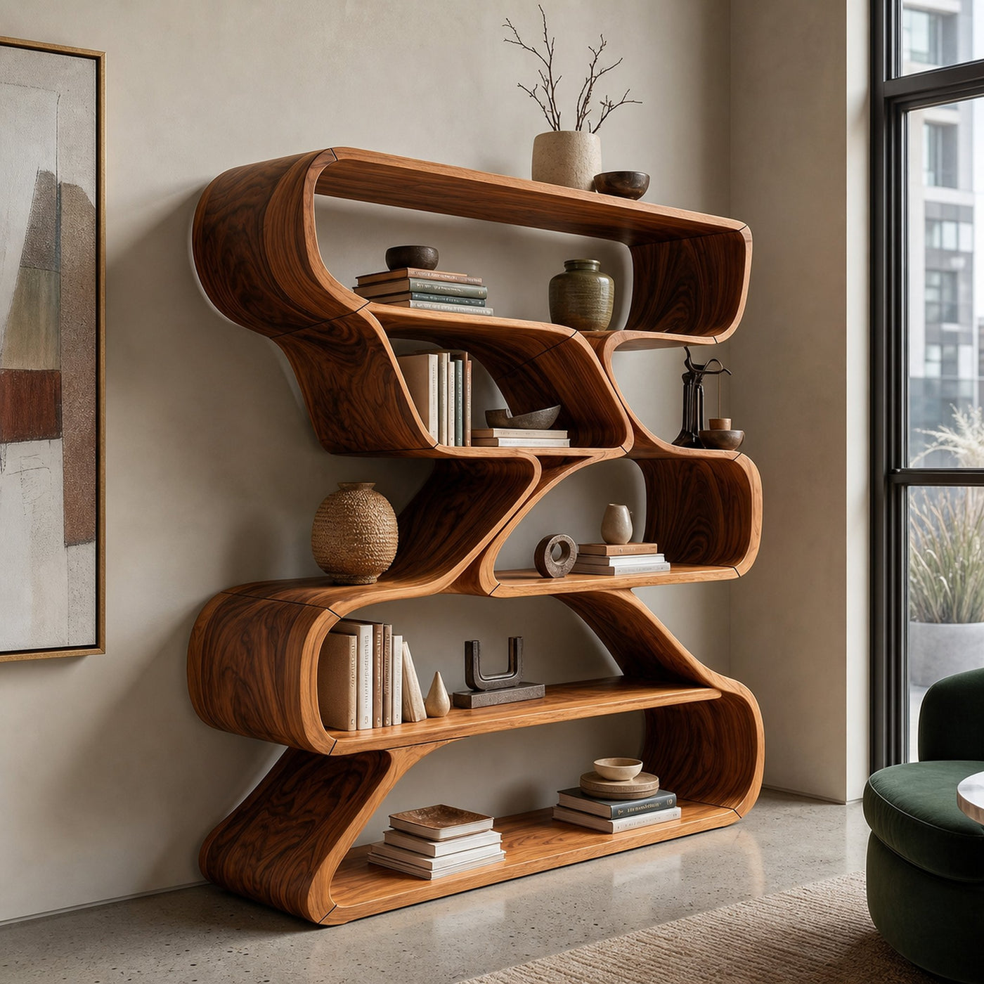 Minimalist Organic Wooden Shelf With Rounded Open Compartments