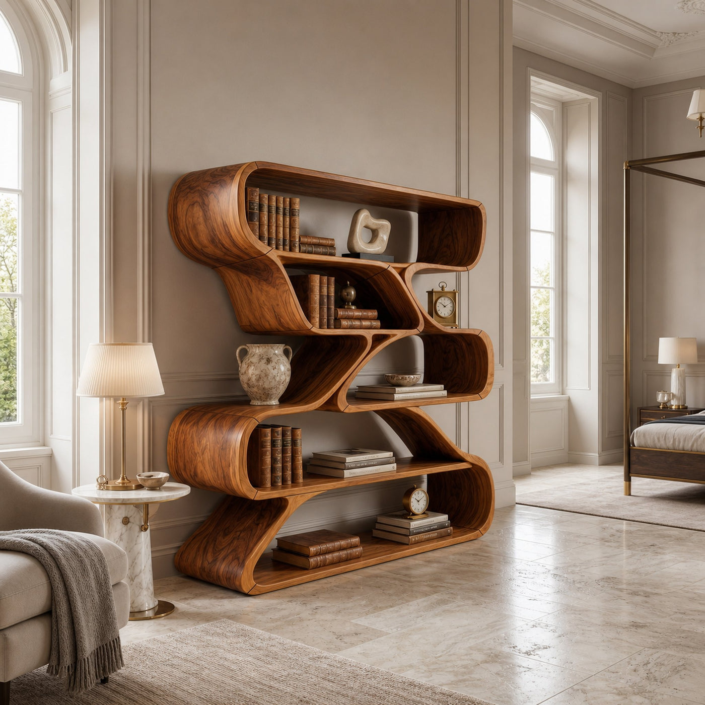 Minimalist Organic Wooden Shelf With Rounded Open Compartments - product view 6