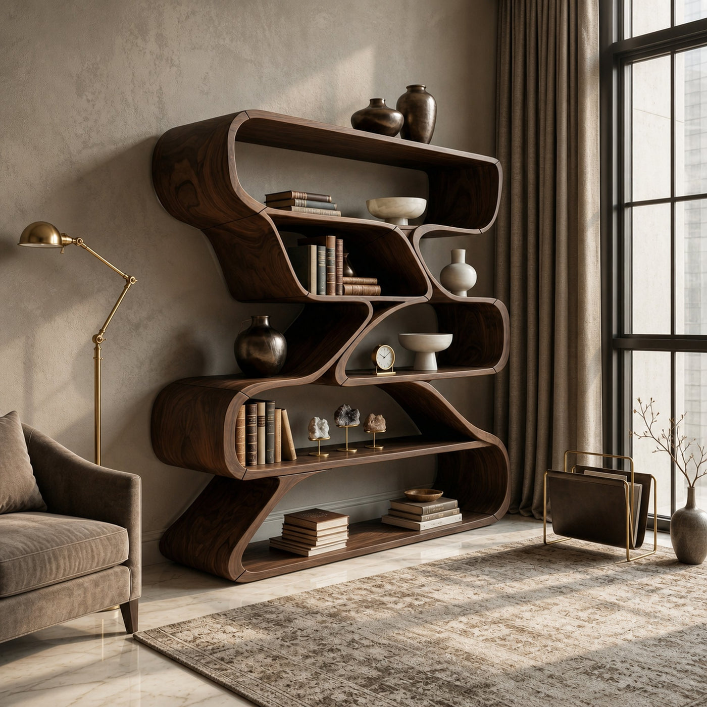Minimalist Organic Wooden Shelf With Rounded Open Compartments - product view 7