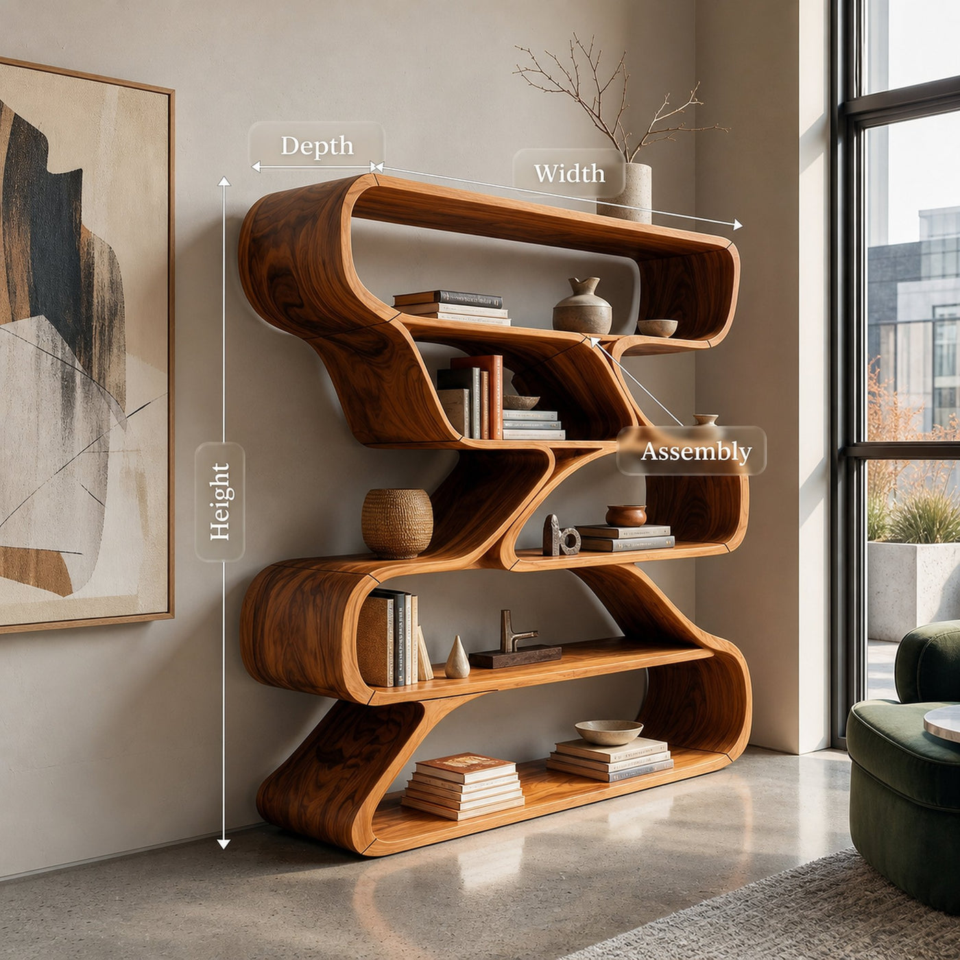 Minimalist Organic Wooden Shelf With Rounded Open Compartments - product view 8