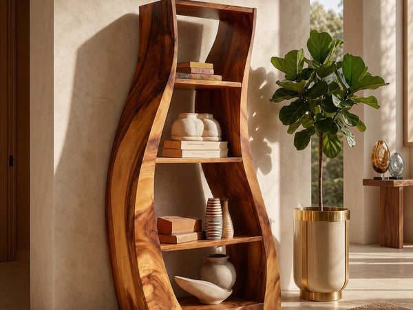 Minimalist Sculpted Wooden Accent Shelf With Flowing Silhouette