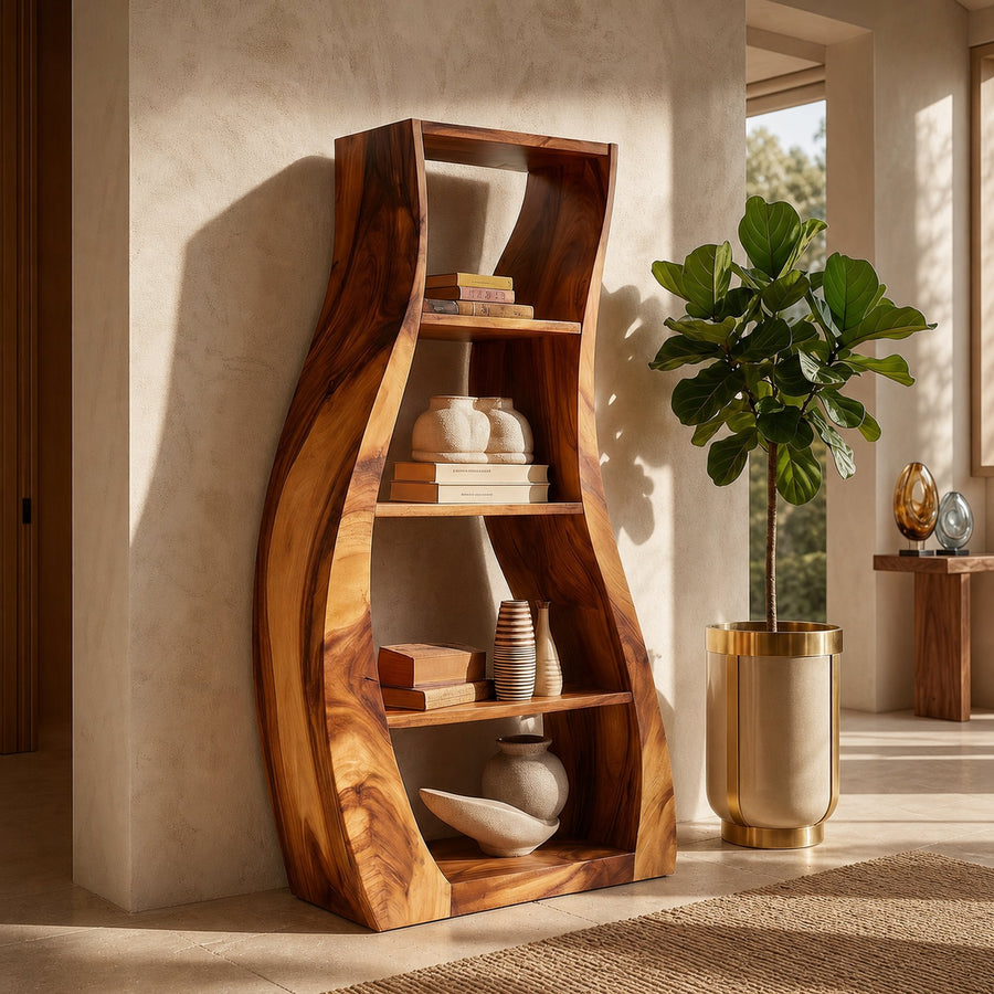 Minimalist Sculpted Wooden Accent Shelf With Flowing Silhouette
